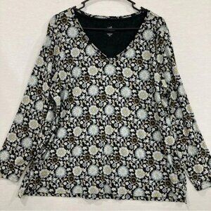 J.Jill Floral V-Neck Pima Cotton Long Sleeve Stretch Top XL